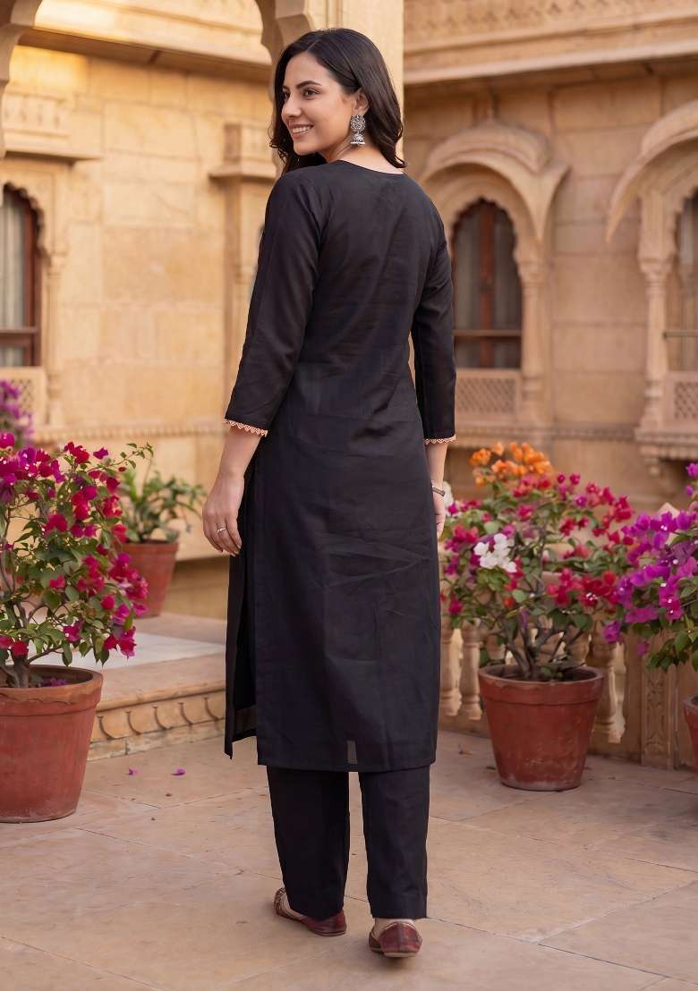 Black Embroidery Silk Kurta Set - Indya