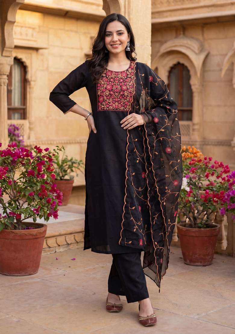Black Embroidery Silk Kurta Set - Indya