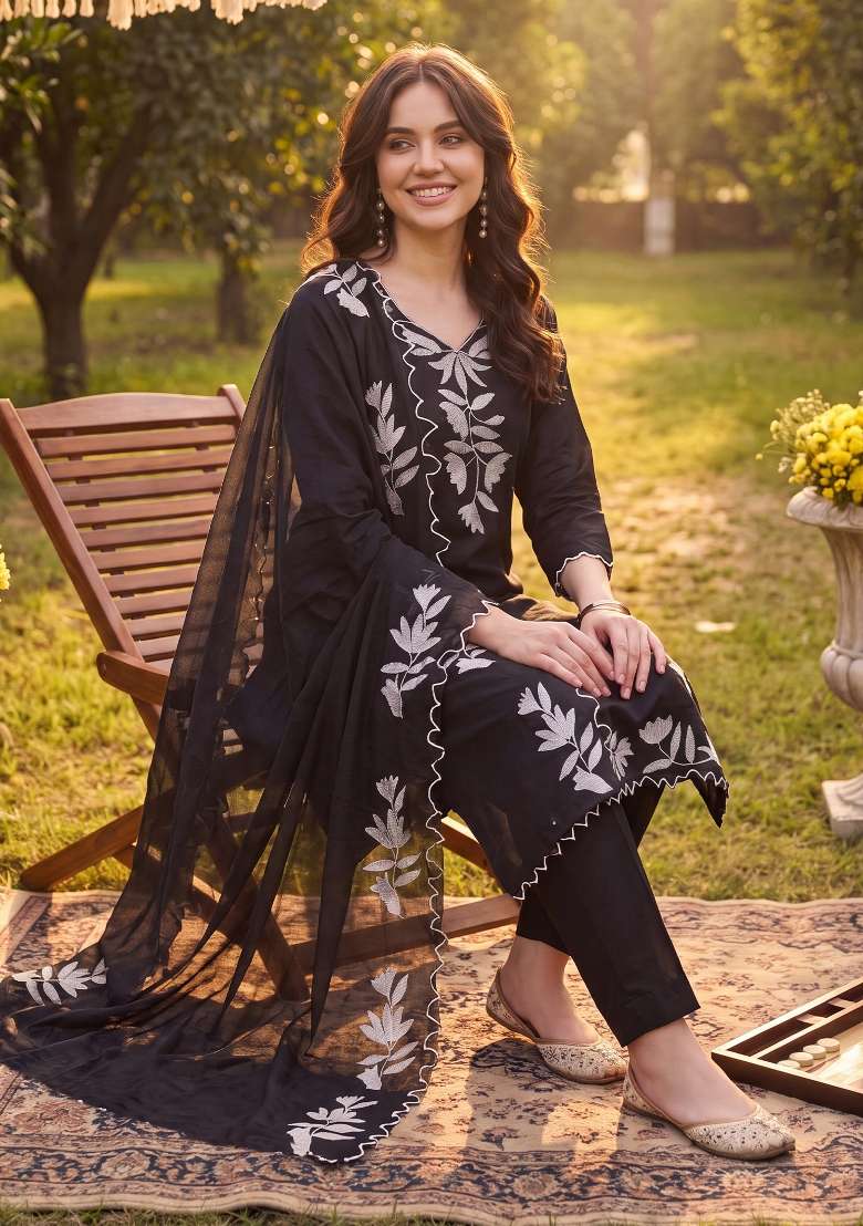 Black Embroidery Silk Kurta Set - Indya