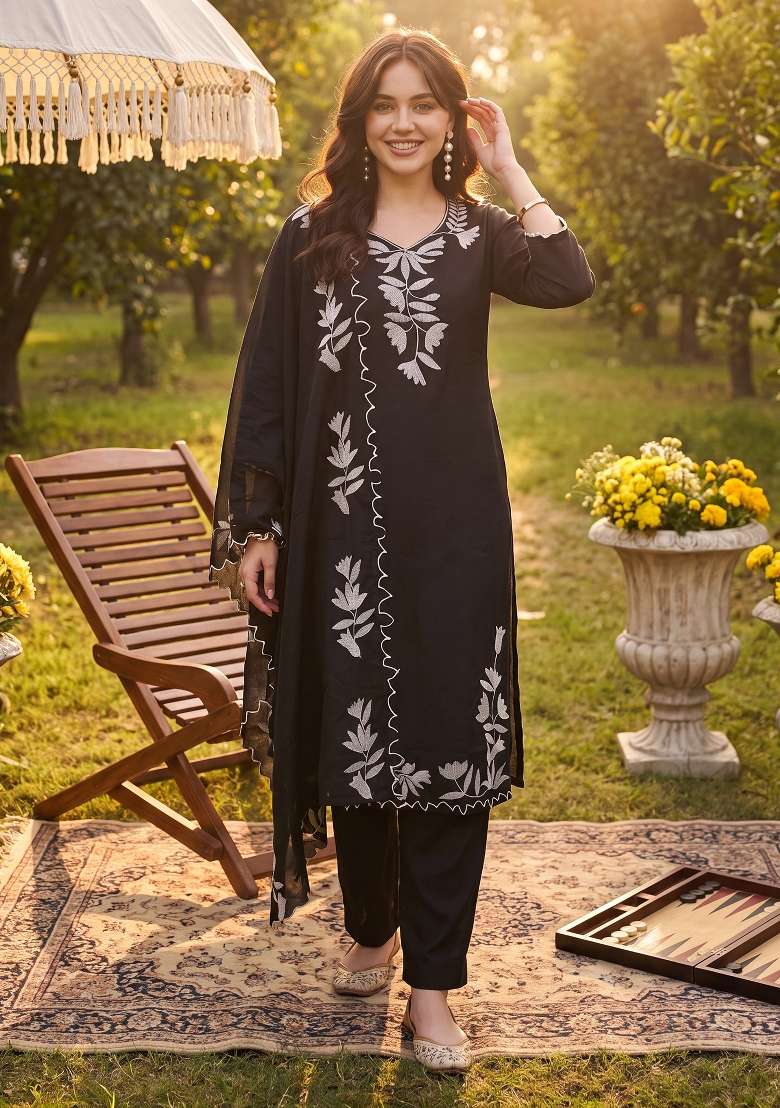 Black Embroidery Silk Kurta Set - Indya