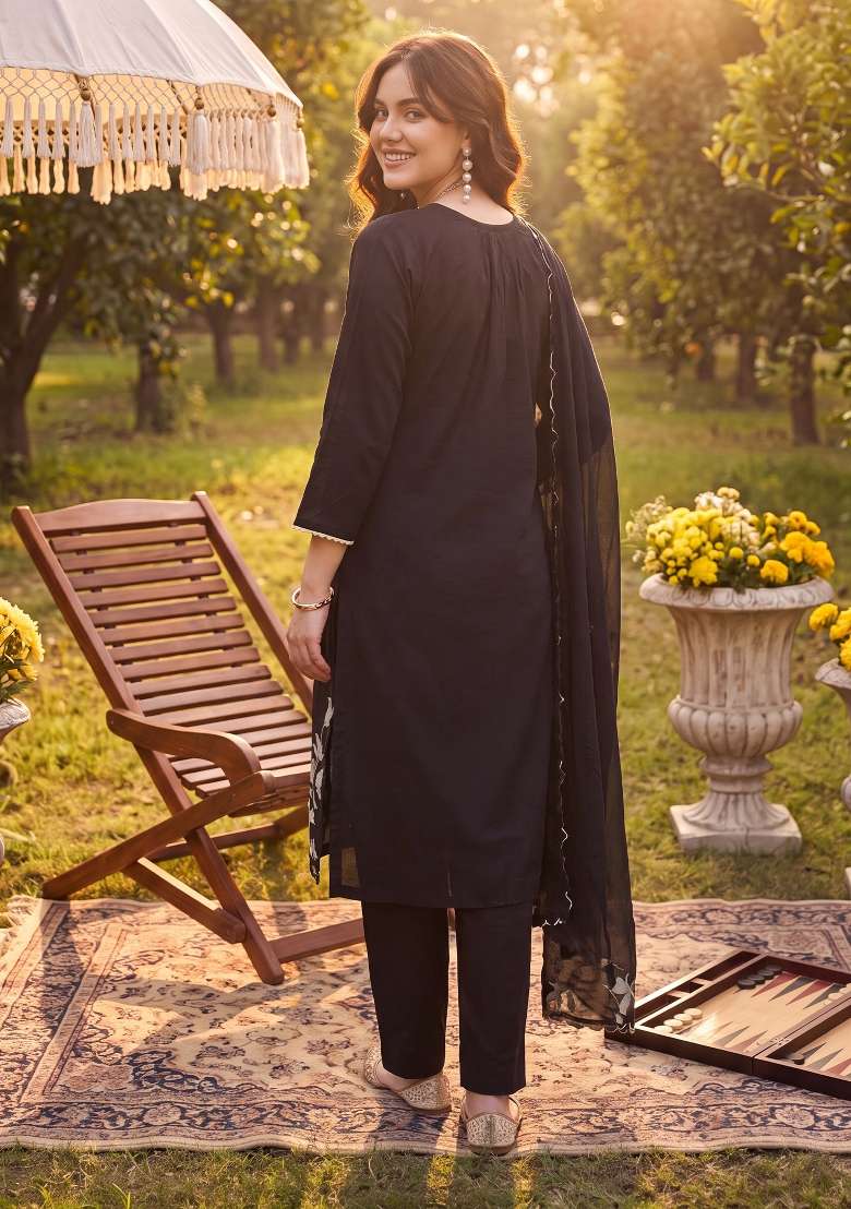 Black Embroidery Silk Kurta Set - Indya