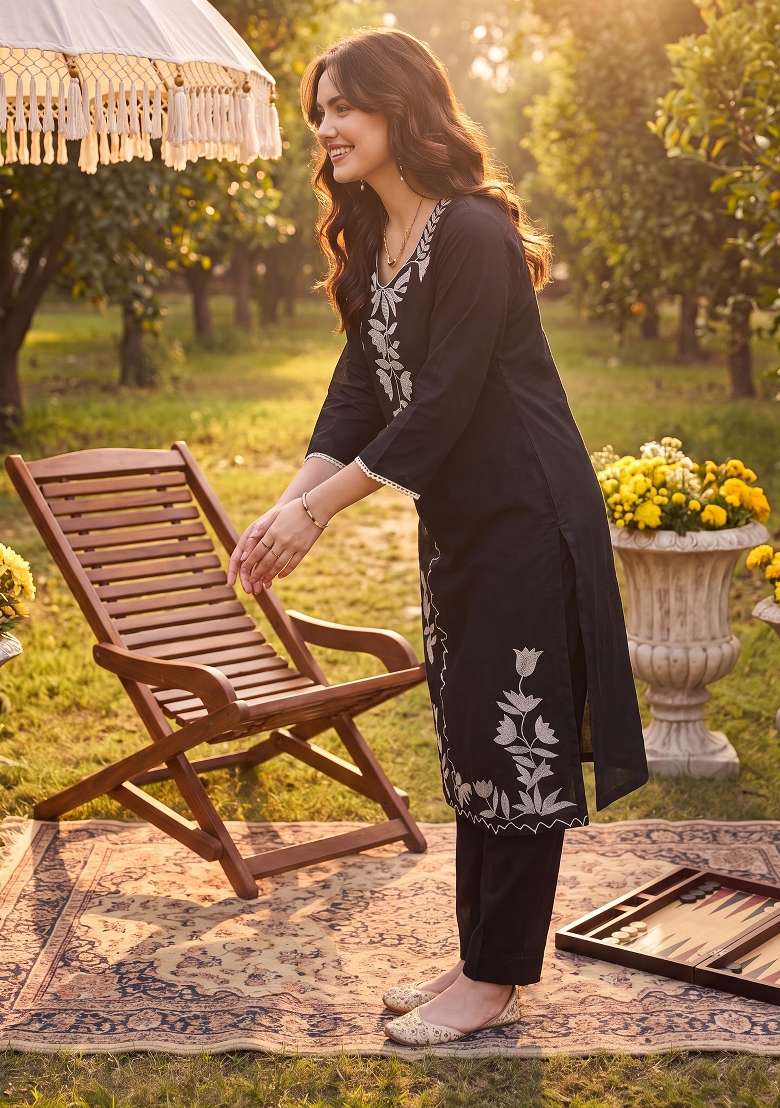 Black Embroidery Silk Kurta Set - Indya