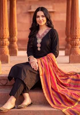 Black Embroidery Silk Kurta Set