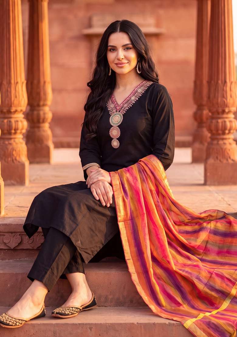 Black Embroidery Silk Kurta Set - Indya