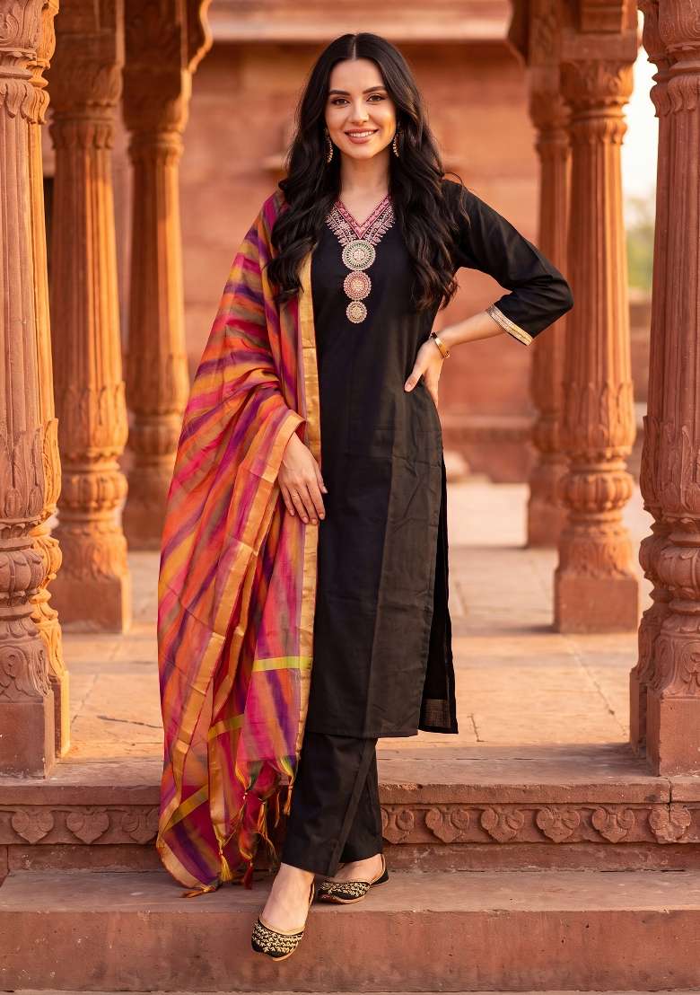 Black Embroidery Silk Kurta Set - Indya