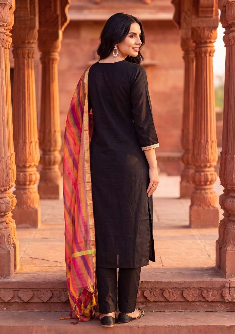 Black Embroidery Silk Kurta Set - Indya