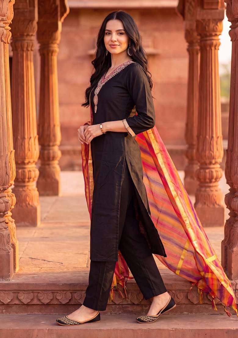 Black Embroidery Silk Kurta Set - Indya