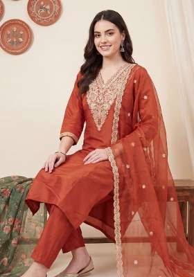 Orange Embroidery Silk Kurta Set