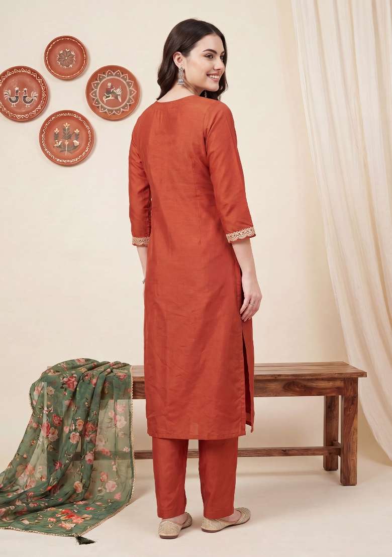 Orange Embroidery Silk Kurta Set - Indya