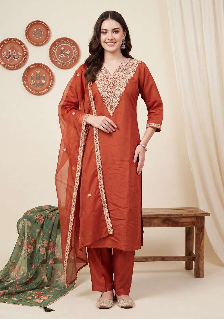 Orange Embroidery Silk Kurta Set - Indya