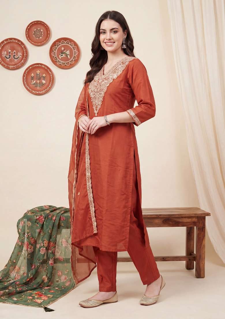 Orange Embroidery Silk Kurta Set - Indya