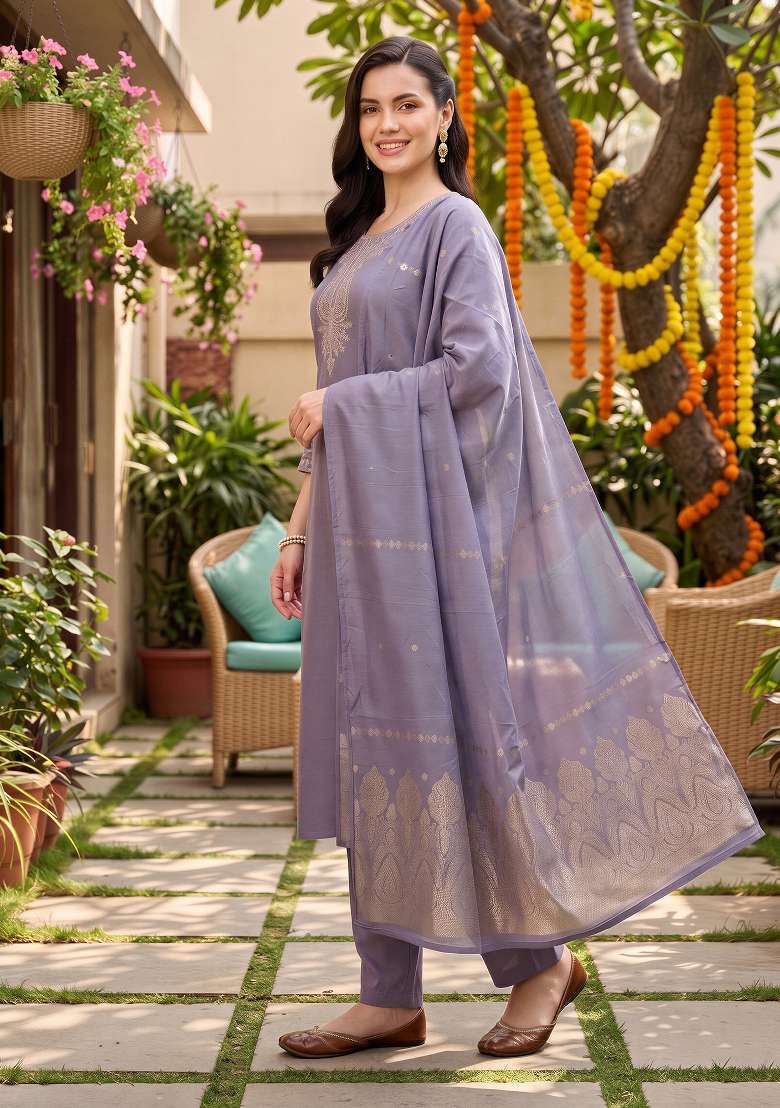 Lavender Embroidery Silk Kurta Set - Indya