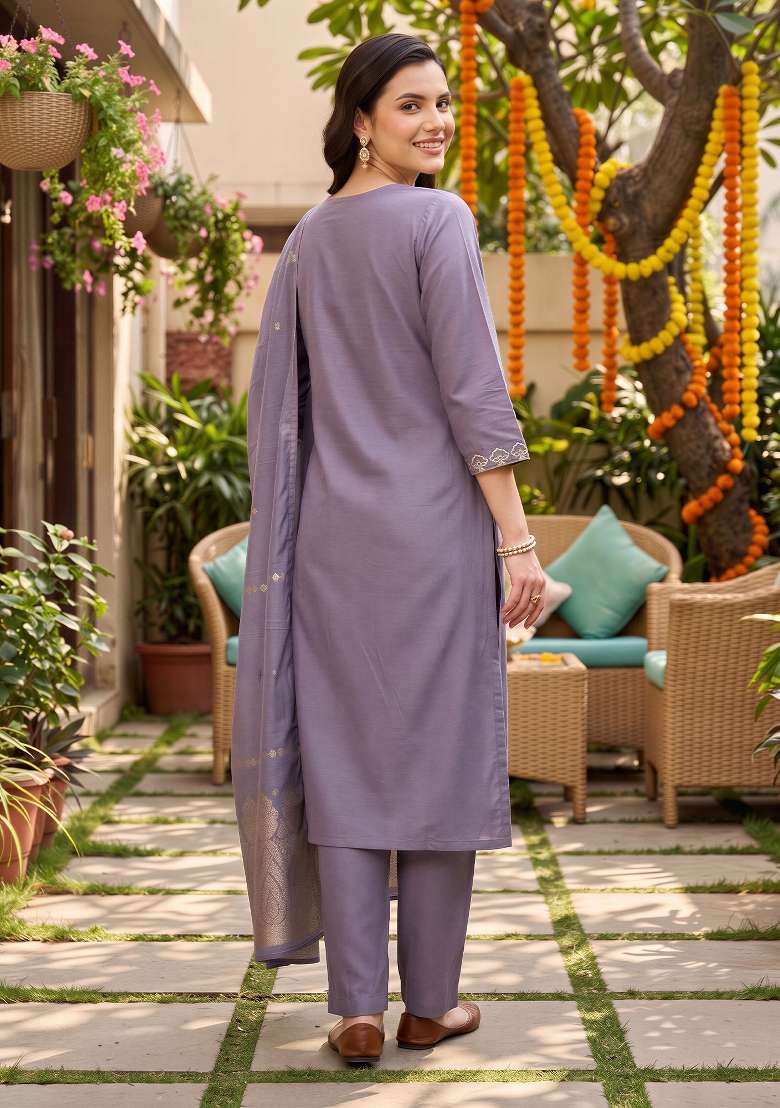 Lavender Embroidery Silk Kurta Set - Indya