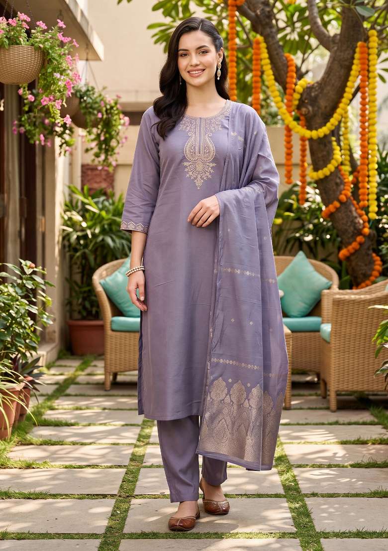 Lavender Embroidery Silk Kurta Set - Indya