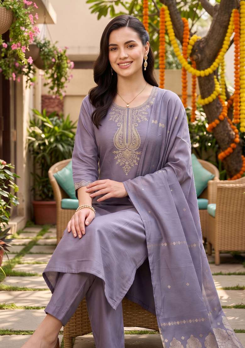 Lavender Embroidery Silk Kurta Set - Indya