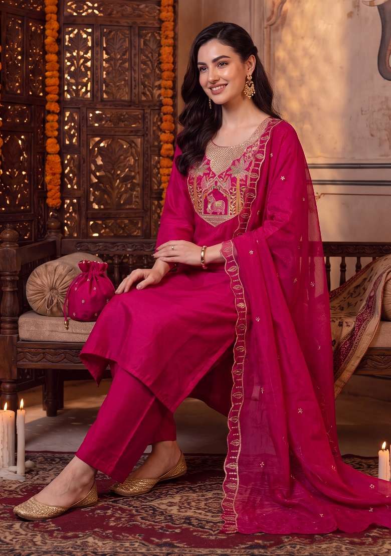 Pink Embroidery Silk Kurta Set - Indya