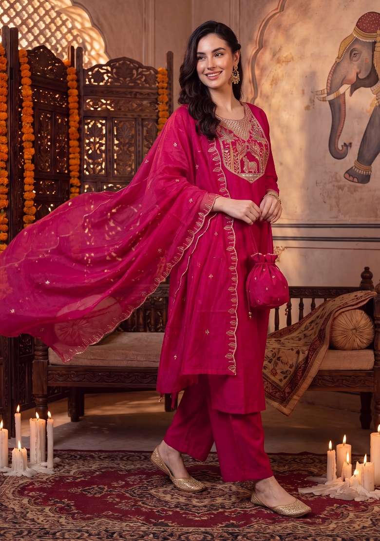 Pink Embroidery Silk Kurta Set - Indya