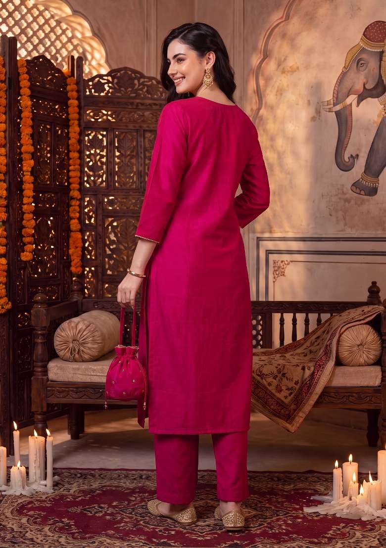 Pink Embroidery Silk Kurta Set - Indya