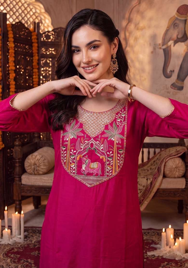Pink Embroidery Silk Kurta Set - Indya