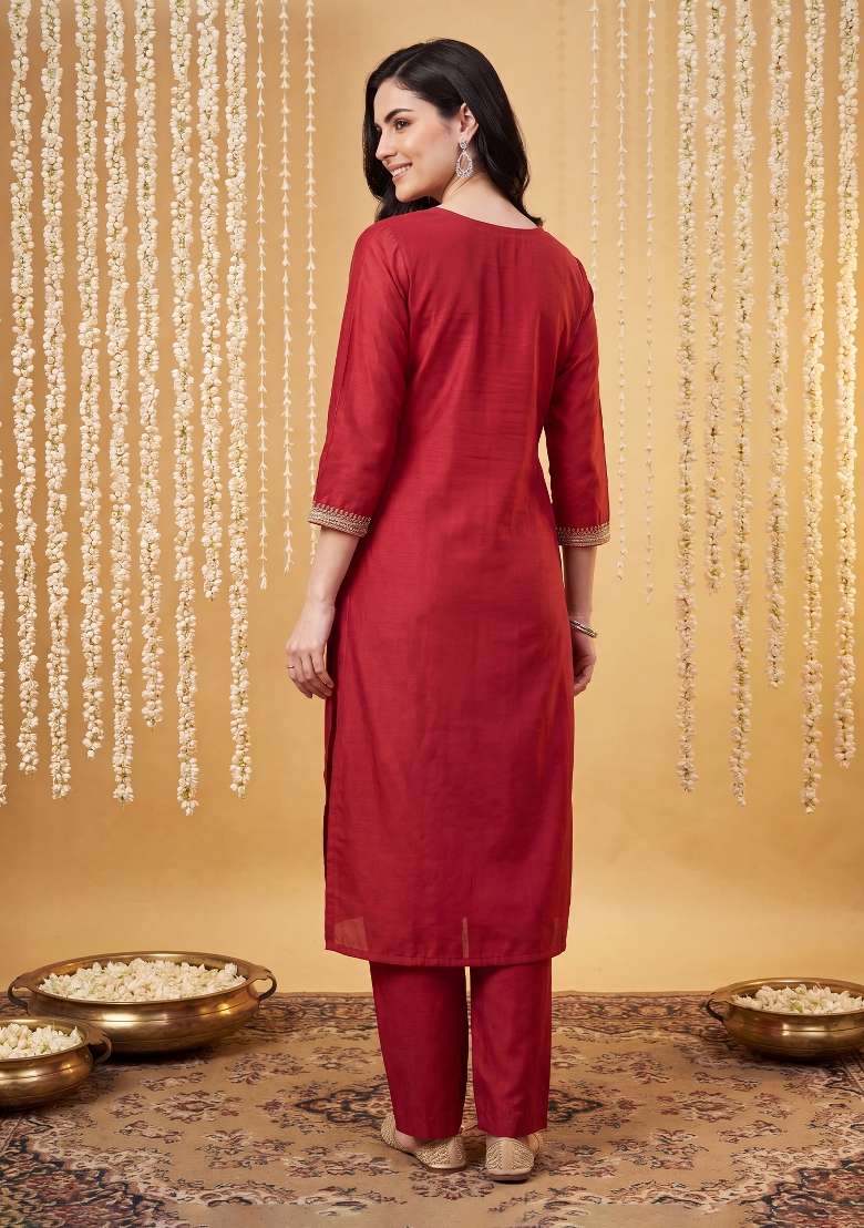Red Embroidery Liva Kurta Set - Indya