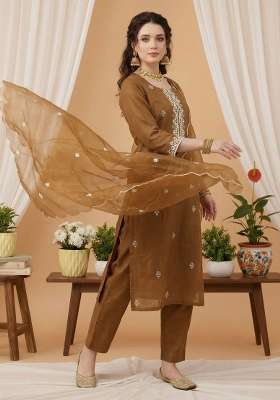 Brown Embroidery Silk Kurta Set