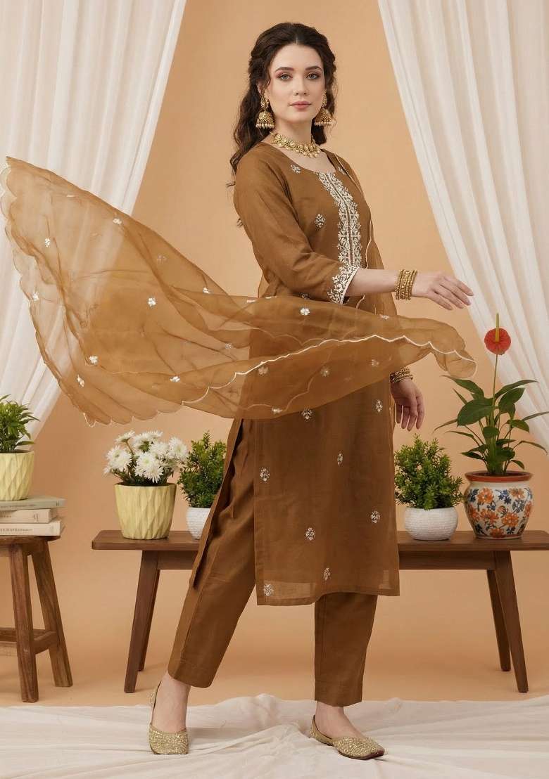 Brown Embroidery Silk Kurta Set - Indya