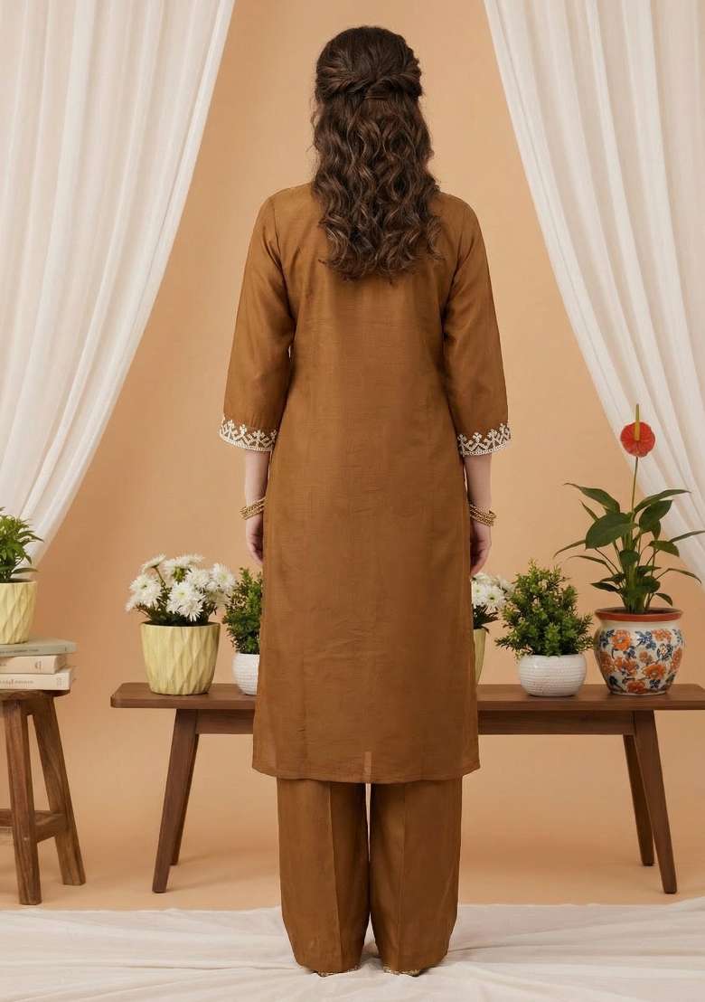 Brown Embroidery Silk Kurta Set - Indya