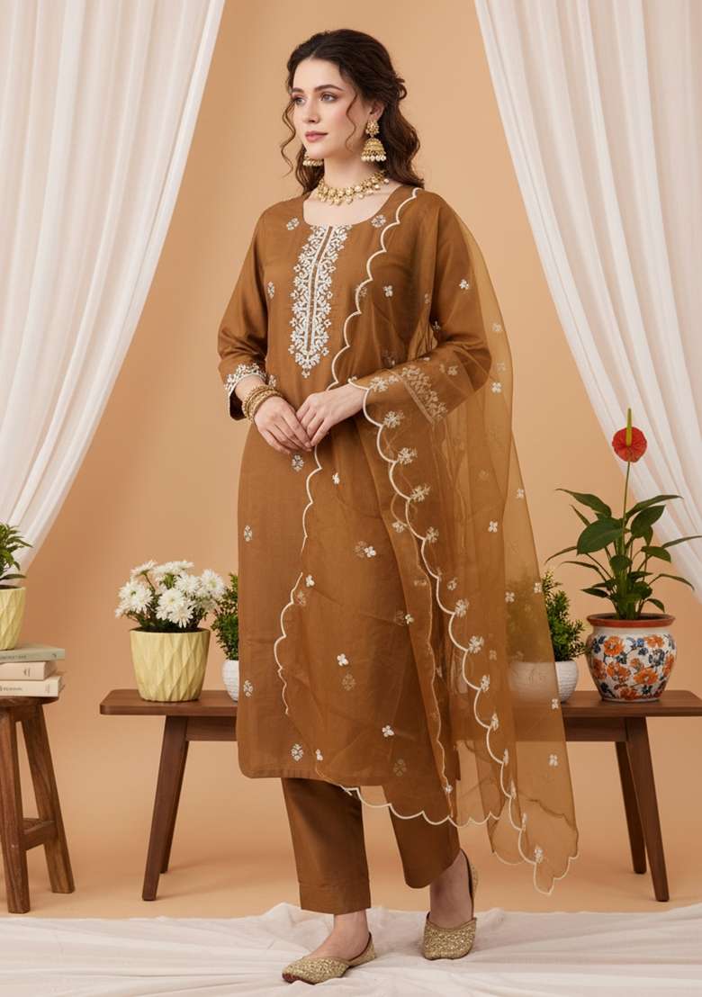 Brown Embroidery Silk Kurta Set - Indya