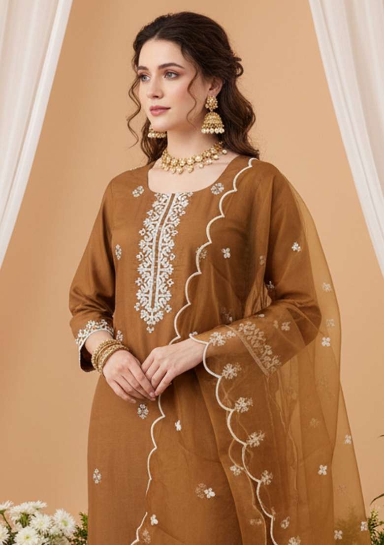 Brown Embroidery Silk Kurta Set - Indya
