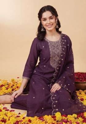 Purple Embroidery Silk Kurta Set