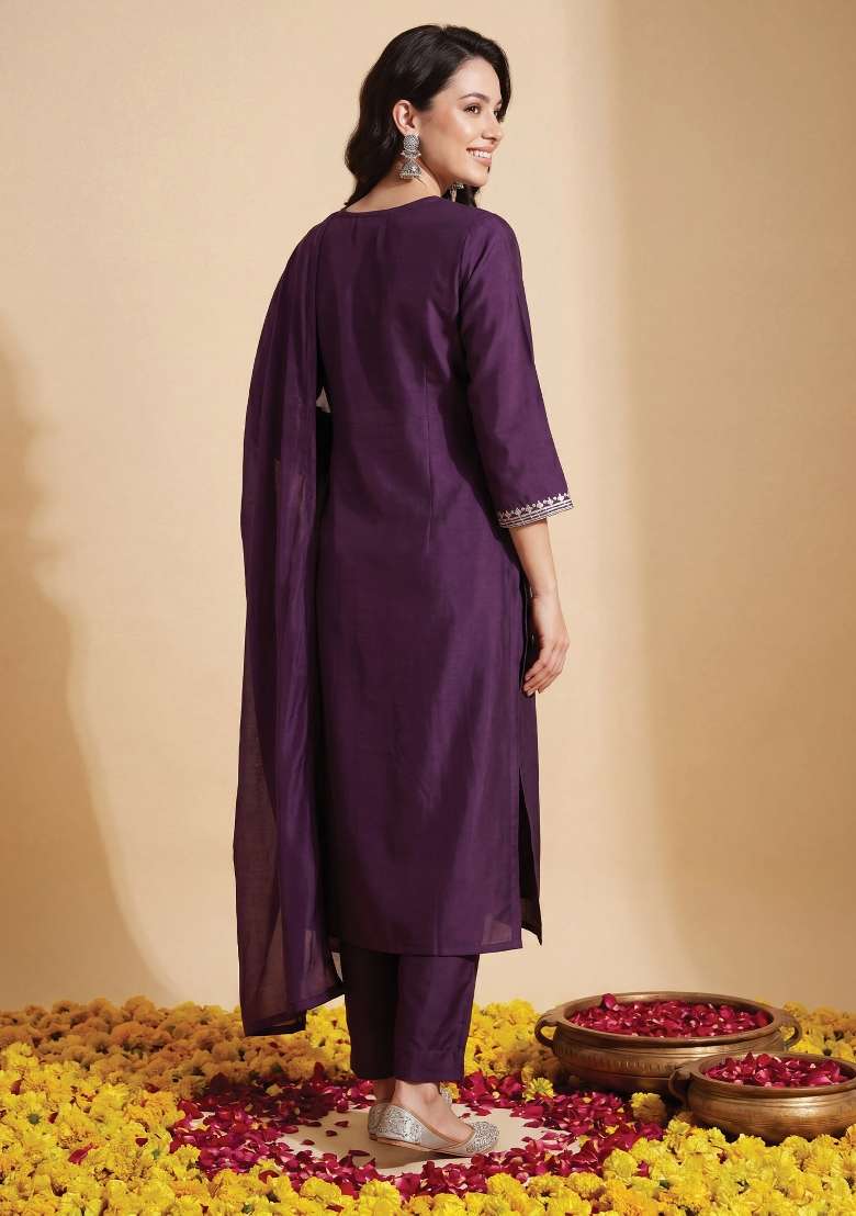 Purple Embroidery Silk Kurta Set - Indya