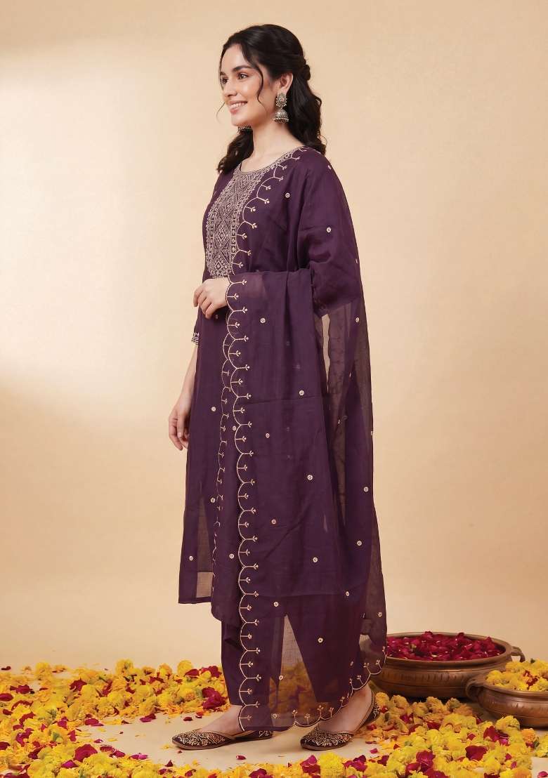 Purple Embroidery Silk Kurta Set - Indya