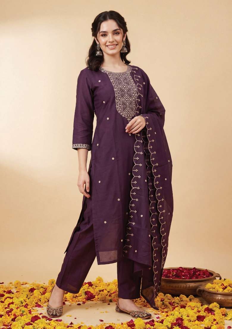 Purple Embroidery Silk Kurta Set - Indya