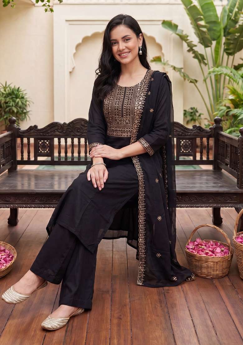Black Embroidery Silk Kurta Set - Indya