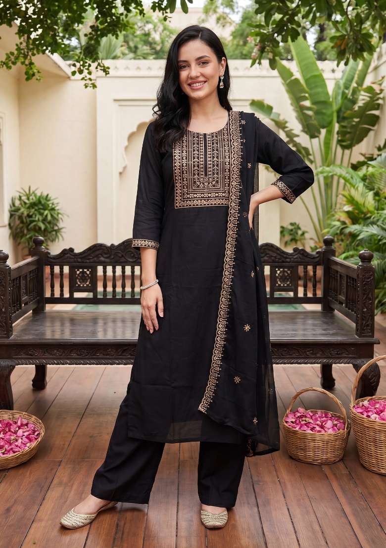 Black Embroidery Silk Kurta Set - Indya