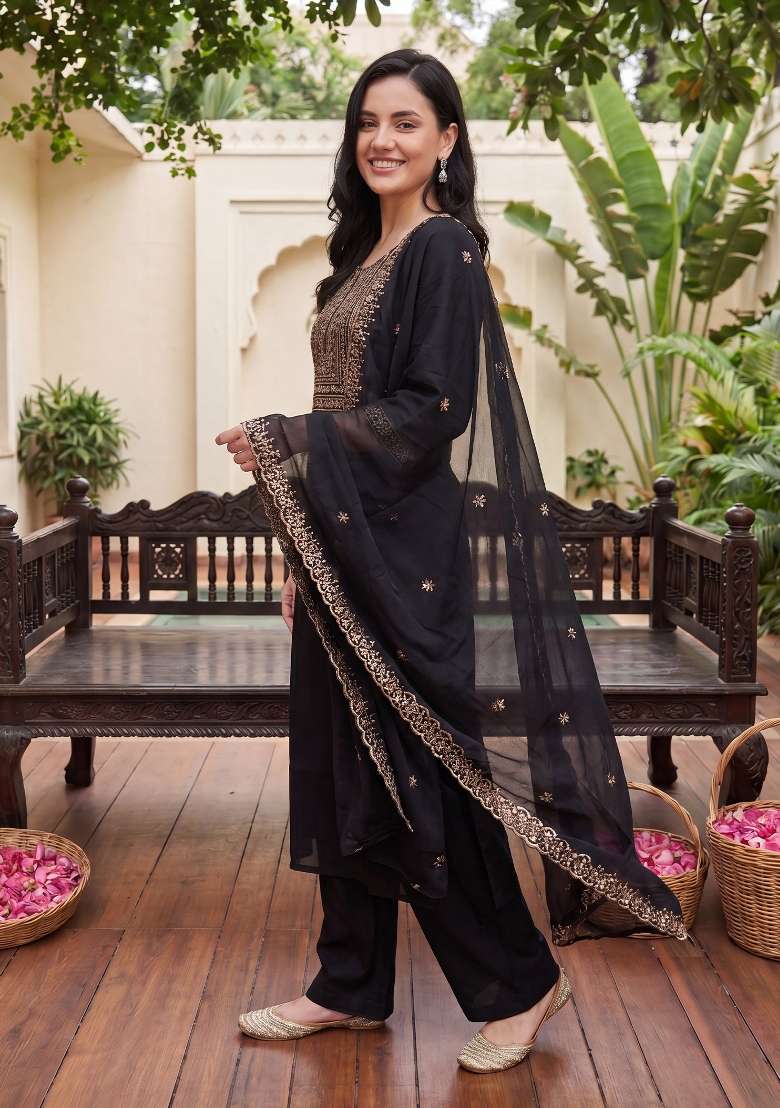 Black Embroidery Silk Kurta Set - Indya