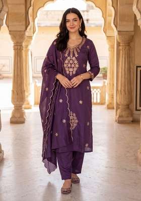 Purple Embroidery Silk Kurta Set