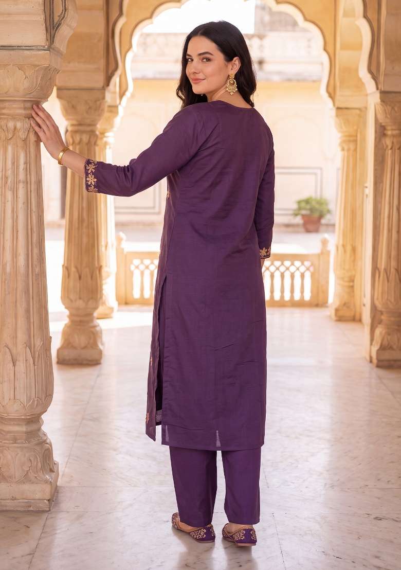 Purple Embroidery Silk Kurta Set - Indya