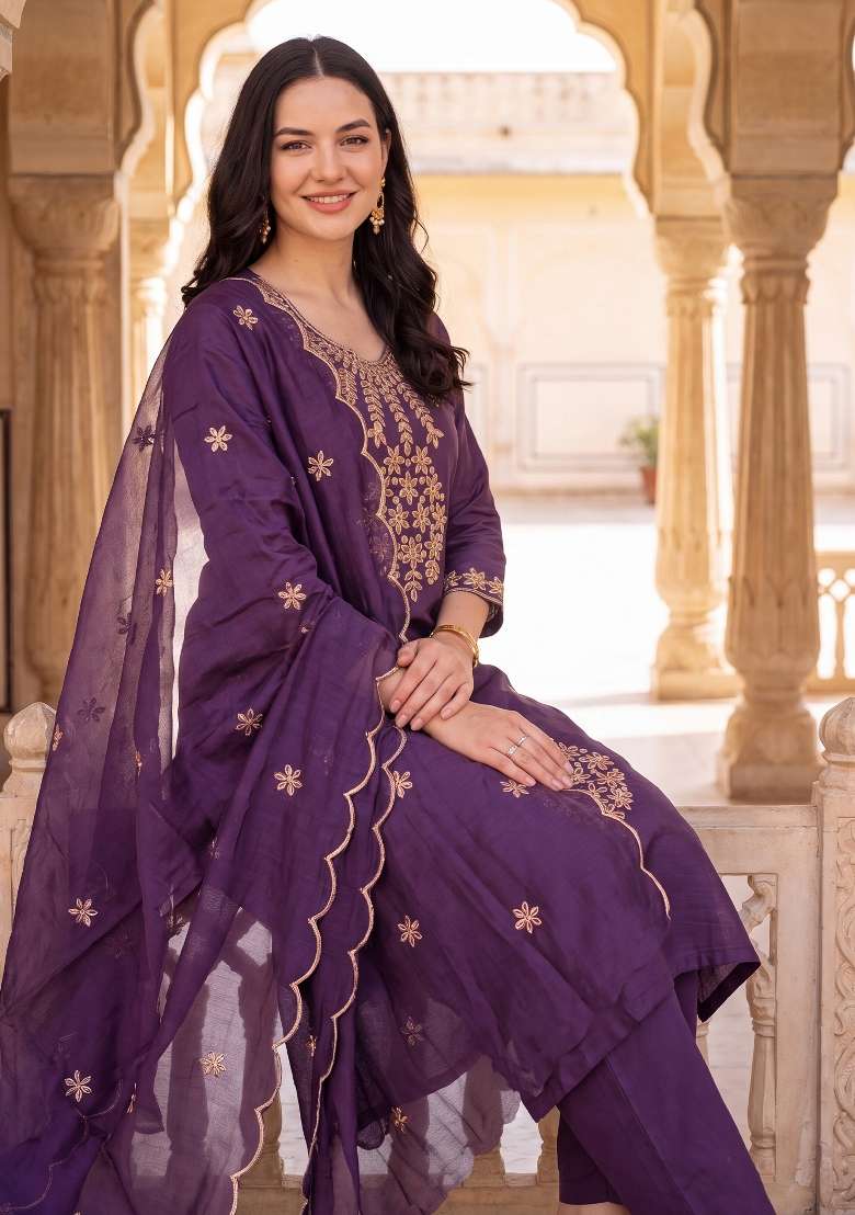 Purple Embroidery Silk Kurta Set - Indya