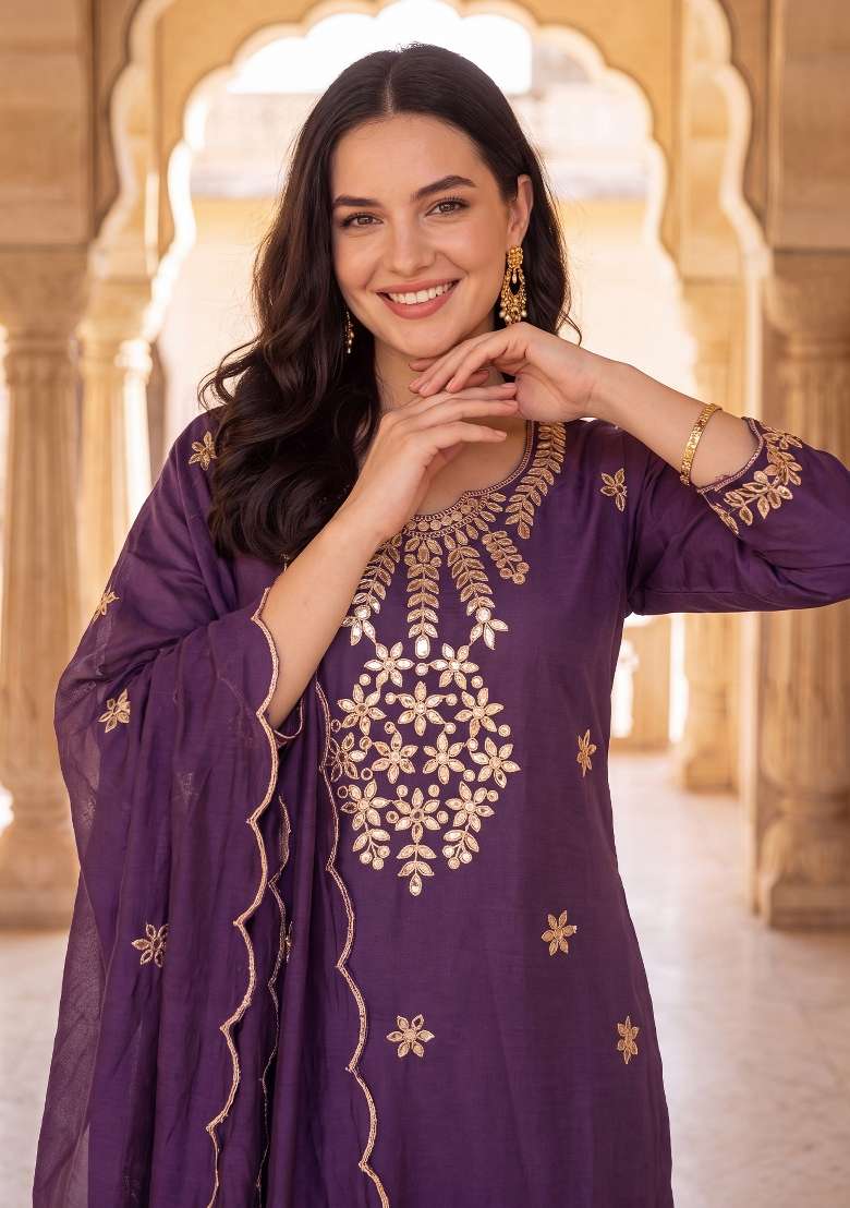 Purple Embroidery Silk Kurta Set - Indya
