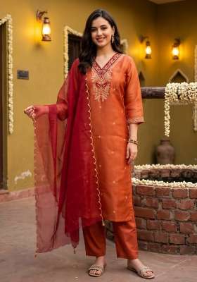 Orange Embroidery Silk Kurta Set