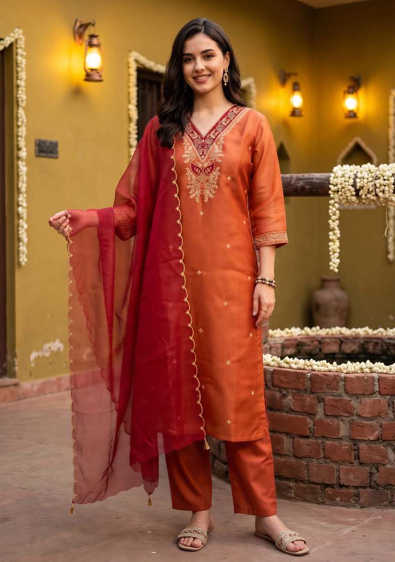 Orange Embroidery Silk Kurta Set - Indya