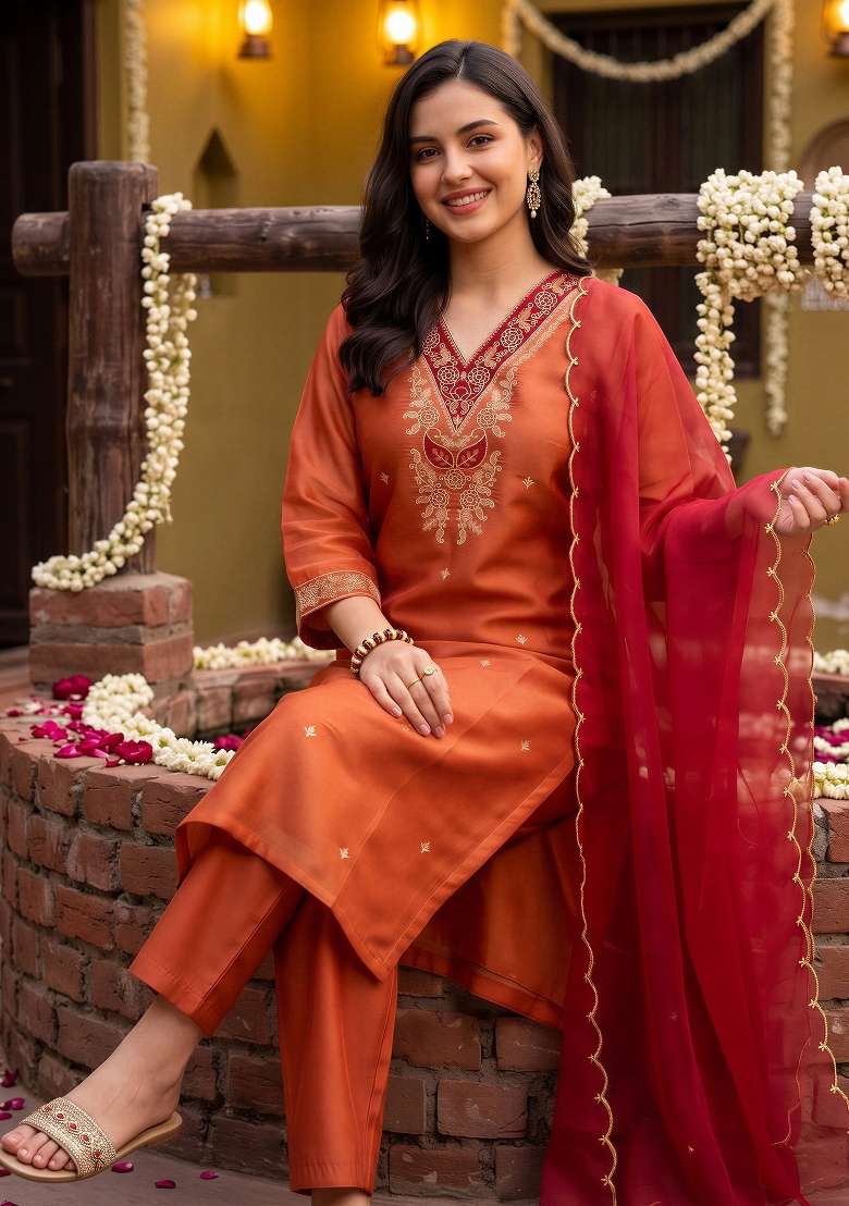 Orange Embroidery Silk Kurta Set - Indya