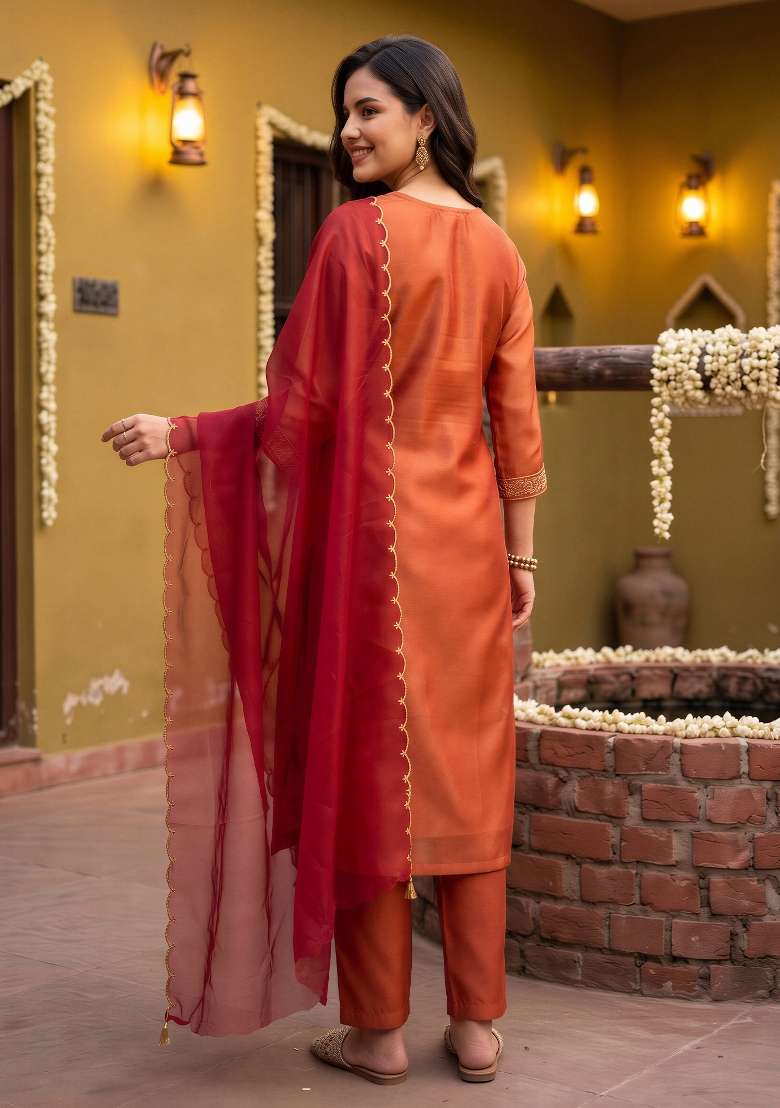 Orange Embroidery Silk Kurta Set - Indya