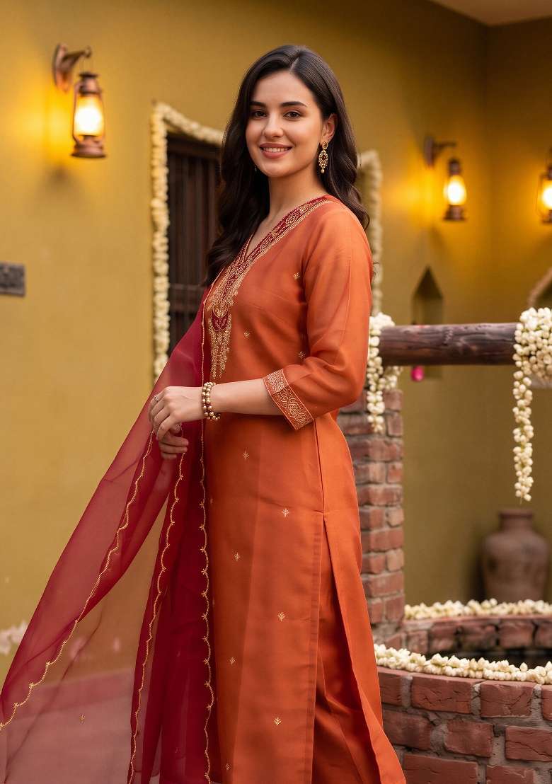 Orange Embroidery Silk Kurta Set - Indya