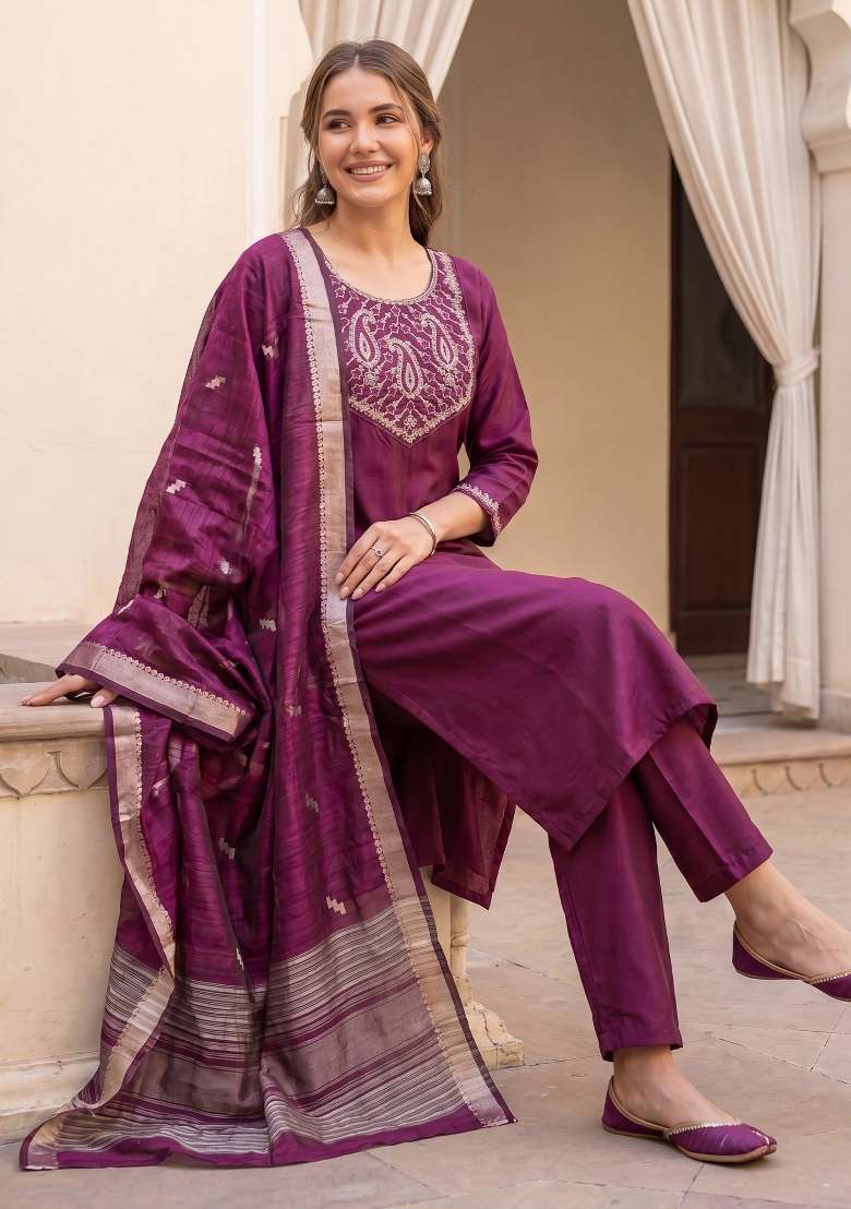 Burgundy Embroidery Silk Kurta Set - Indya