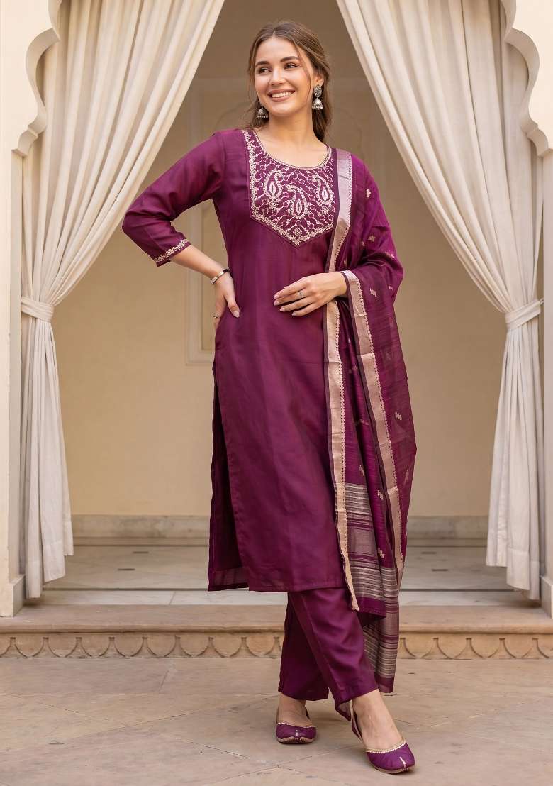 Burgundy Embroidery Silk Kurta Set - Indya