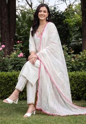 White Embroidery Silk Kurta Set