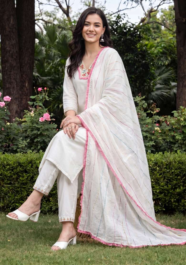 White Embroidery Silk Kurta Set - Indya