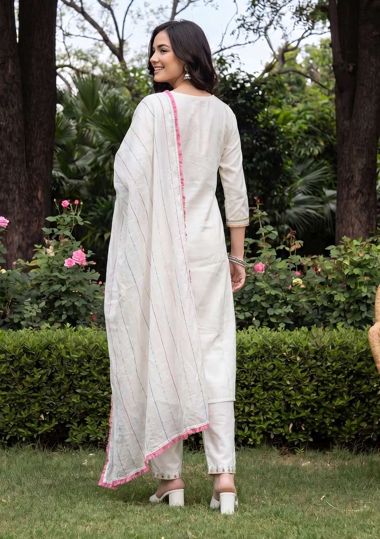 White Embroidery Silk Kurta Set - Indya